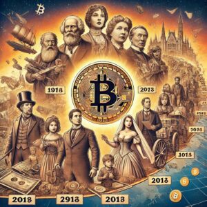 A historical timeline showing the evolution of Bitcoin and other cryptocurrencies