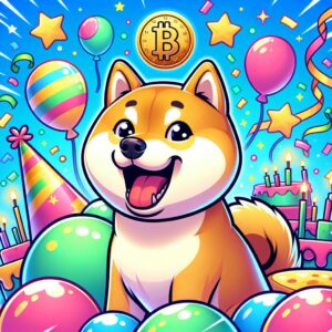 generate Image of Dogecoin mascot with a fun, playful background.