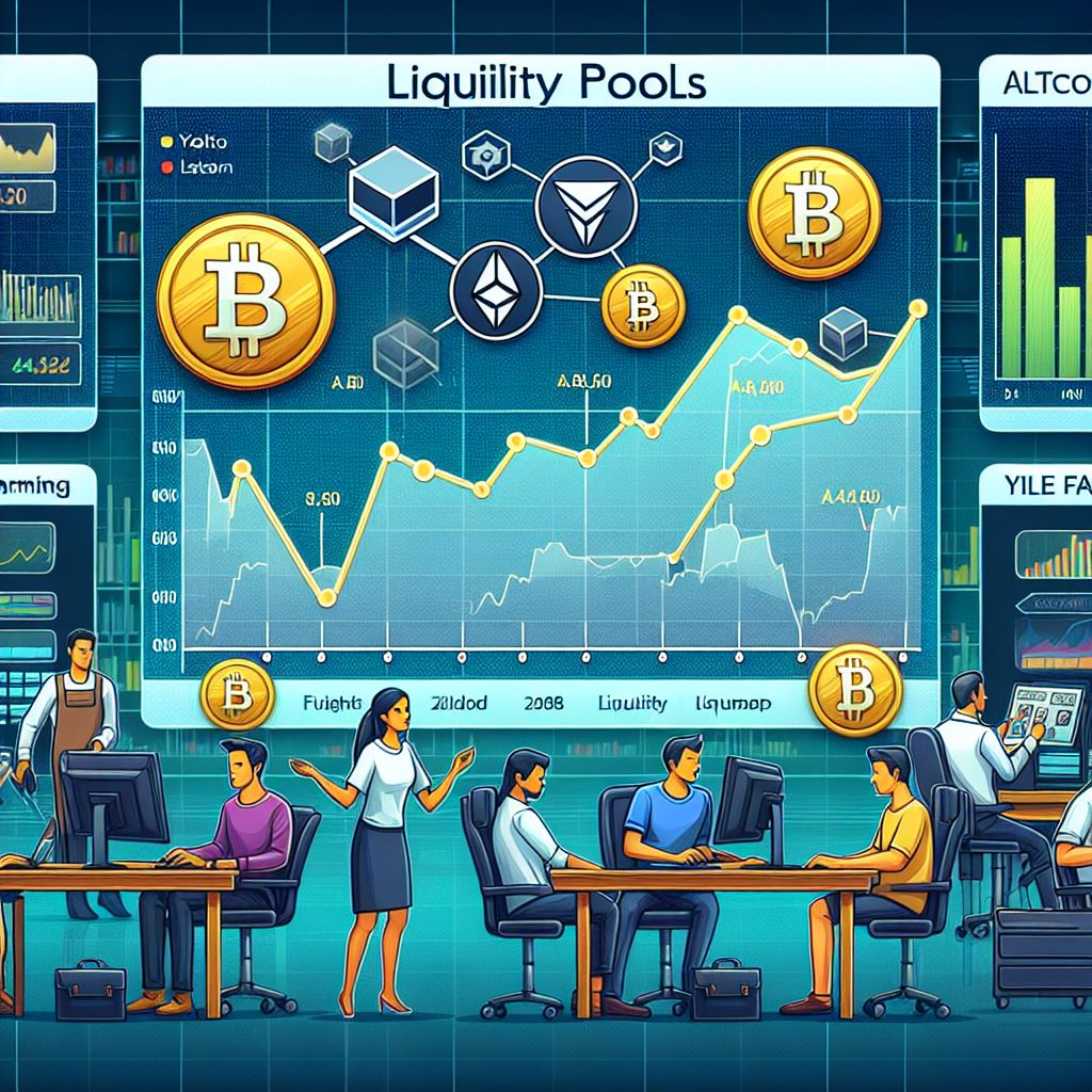 Liquidity Pools and Yield Farming Advanced Strategies for Altcoins with altcoin logos and a graph of liquidity trends