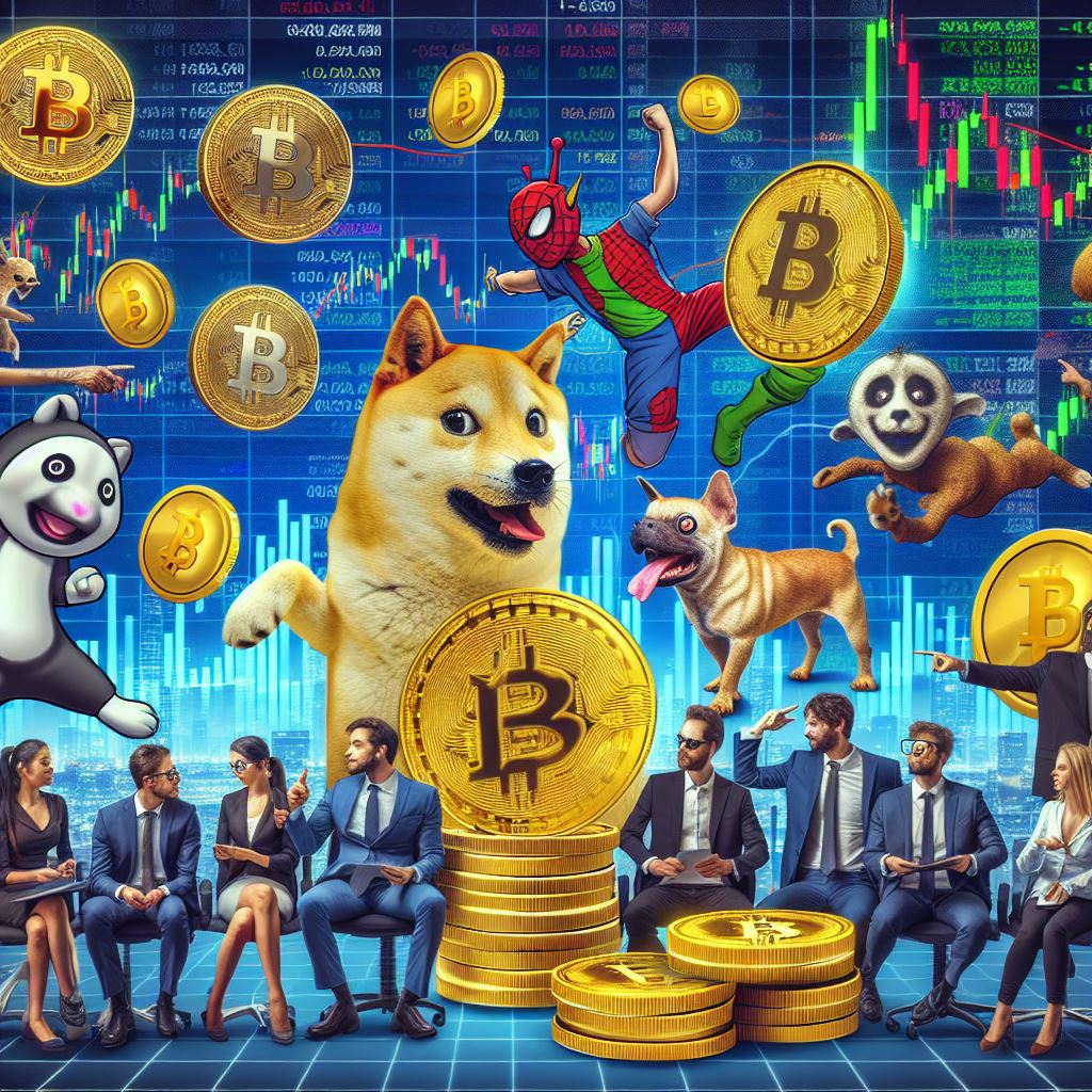 the influence of memes and pop culture on cryptocurrency markets, with elements that convey the concept of meme coins.