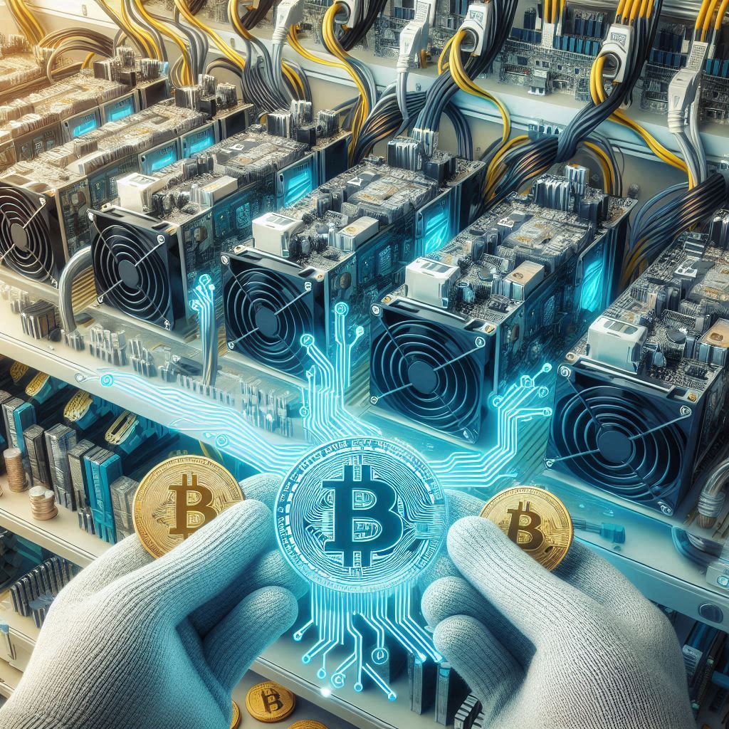 Image of a crypto mining rig with mining hardware and cryptocurrency symbols.