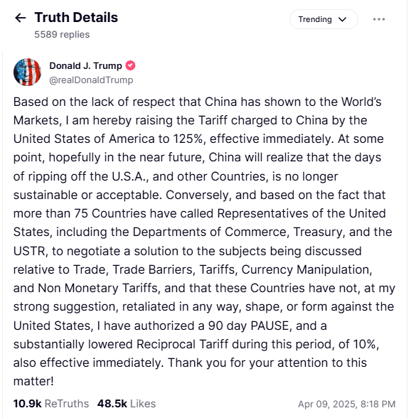 TRUMP Post on TruthSocial towards CHINA