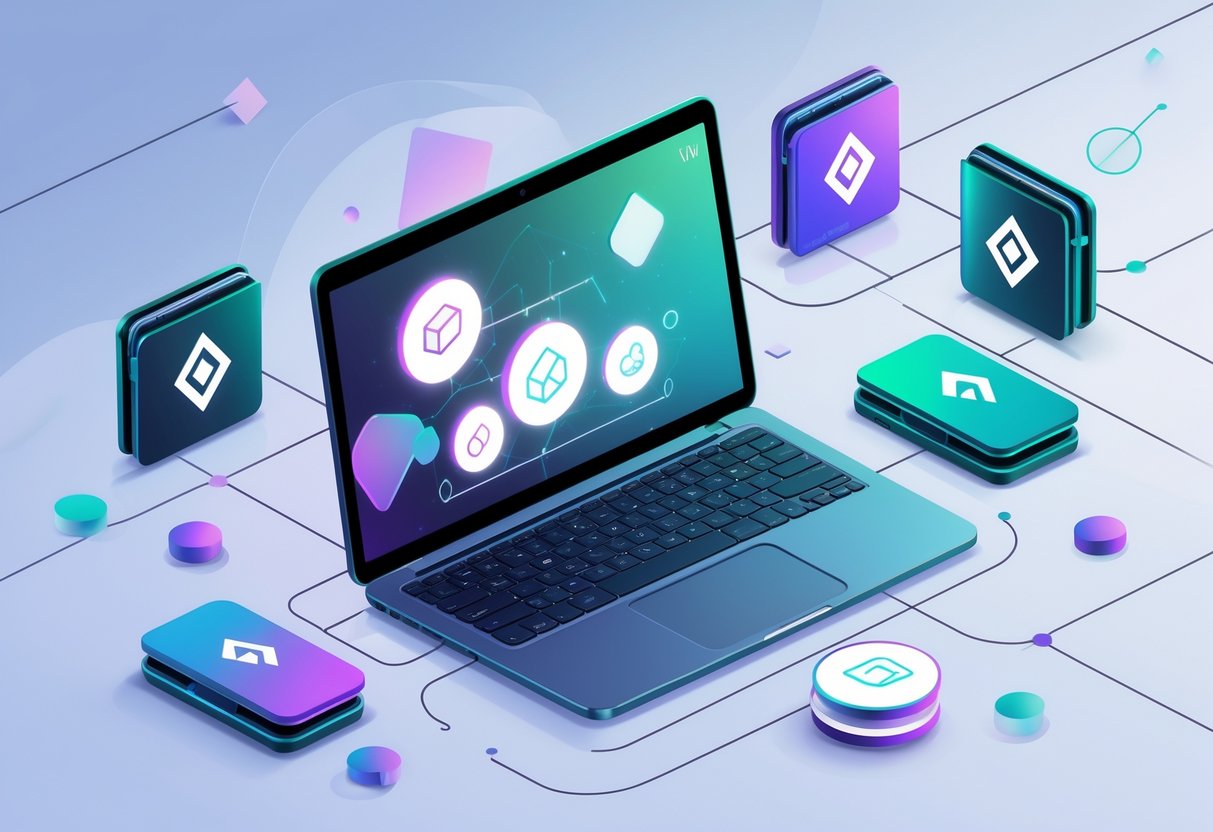 A workspace with a laptop showing digital art icons and several stylized digital wallets connected by abstract blockchain network lines. NFT Wallets for Beginners