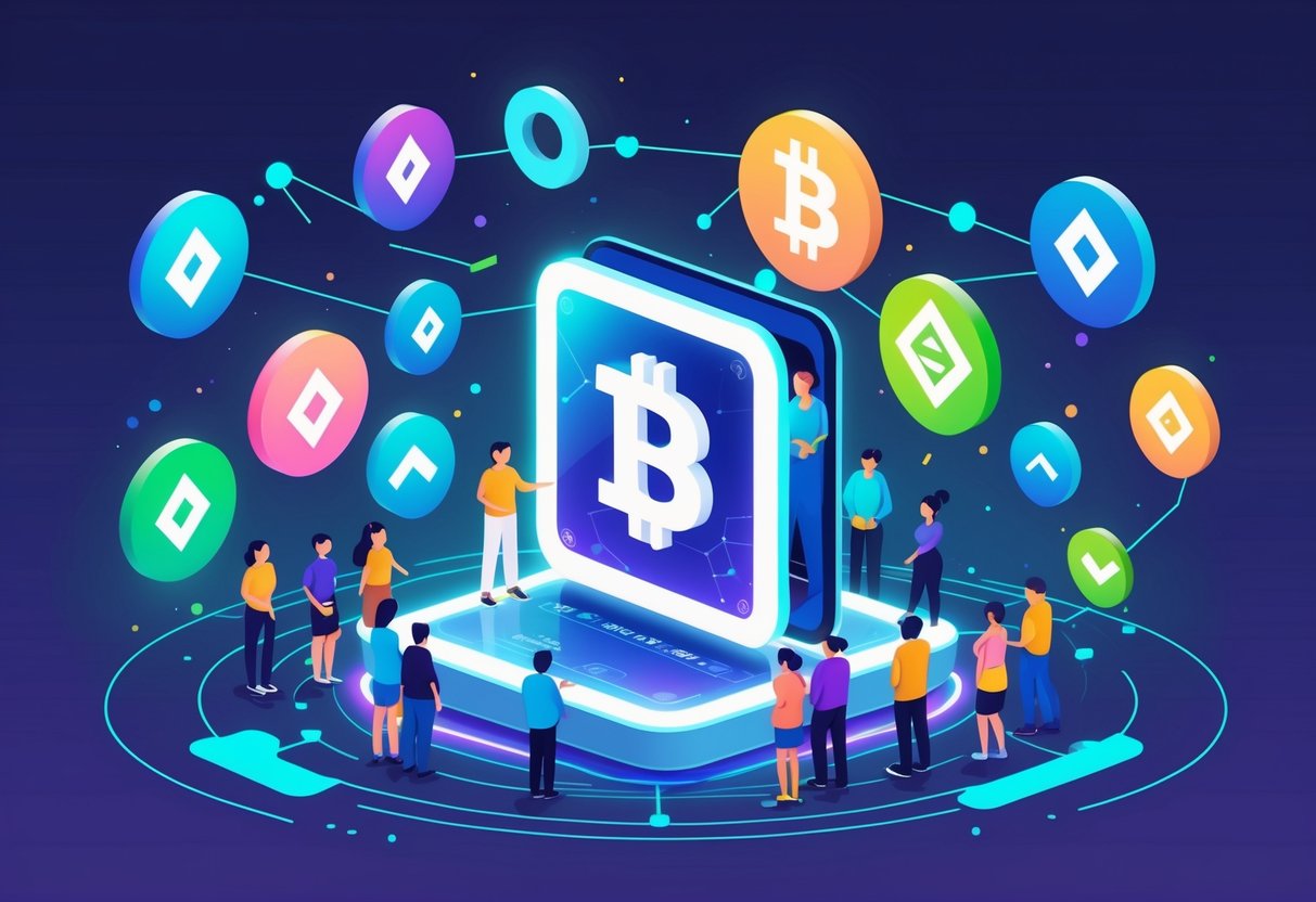 A group of people gathered around a large digital wallet icon with colorful digital tokens floating around it, representing NFT wallets and digital asset management.