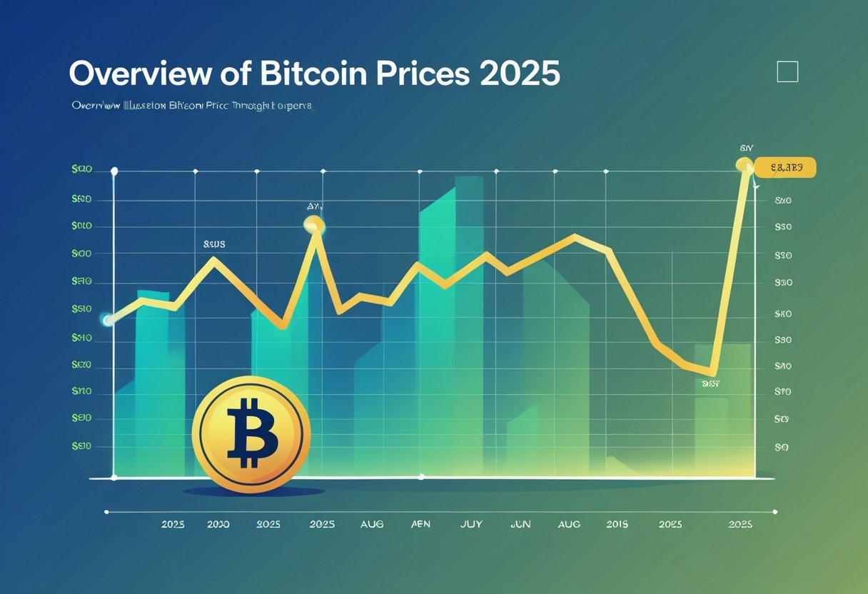 An illustration showing a line graph of Bitcoin price trends throughout 2025 with a Bitcoin coin icon integrated into the design.