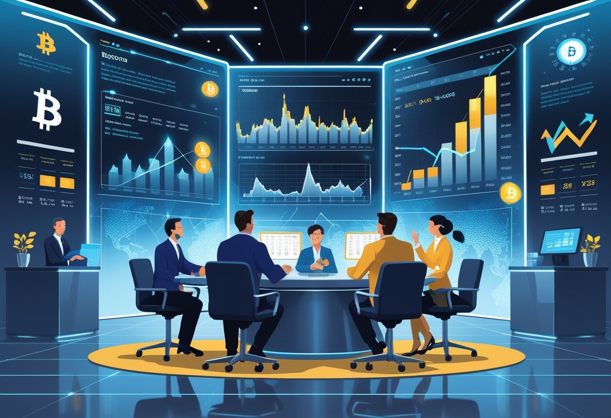 A group of professionals analyzing digital financial charts and Bitcoin symbols in a futuristic workspace with calendars and clocks indicating market timing.