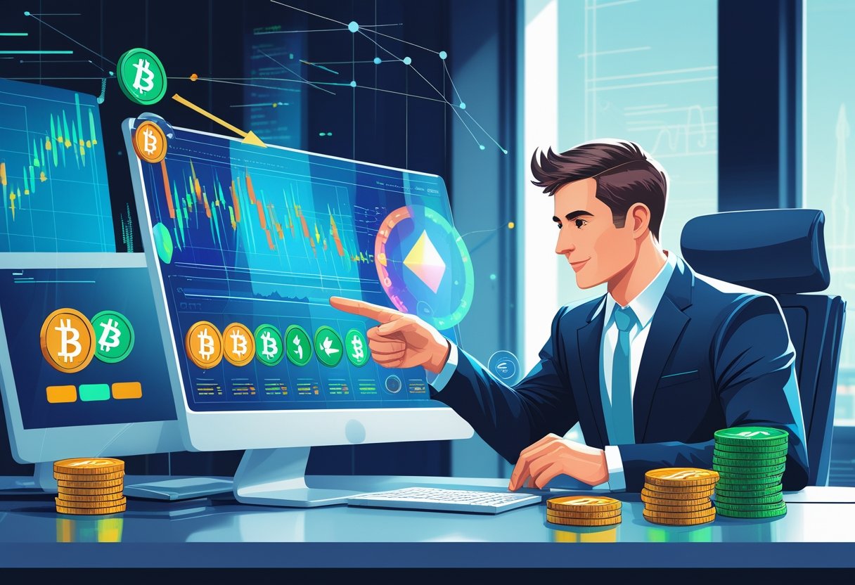 A financial analyst reviewing digital screens showing cryptocurrency symbols and charts highlighting low-cost altcoins under one dollar for investment.