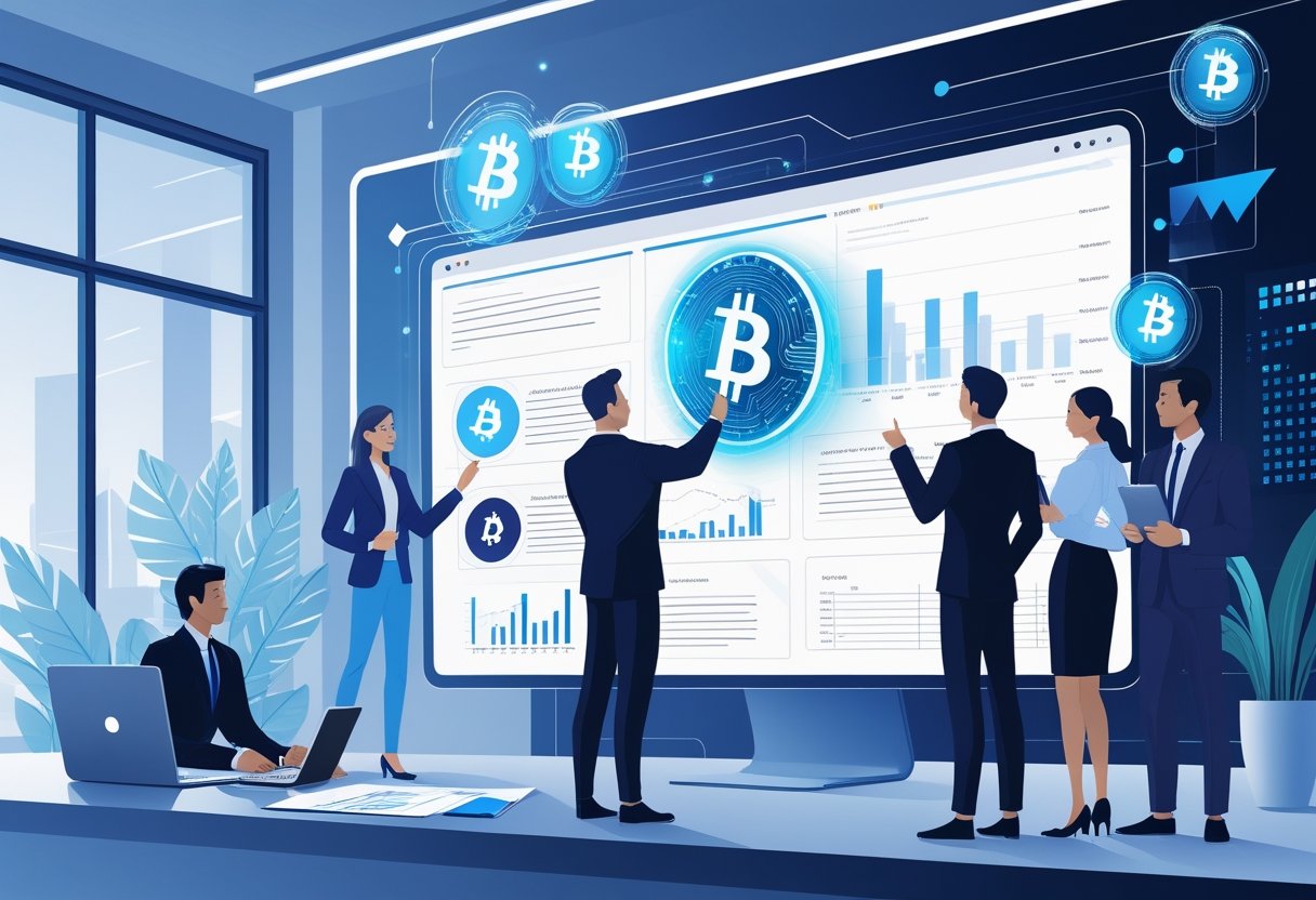 A group of professionals working together around a digital screen showing cryptocurrency symbols and financial charts in a modern office setting.