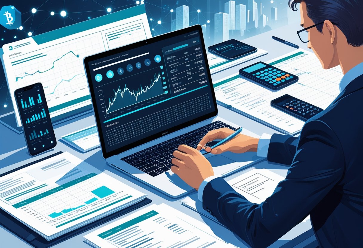 A person reviewing cryptocurrency transaction data on a laptop surrounded by documents and digital devices in a modern workspace.