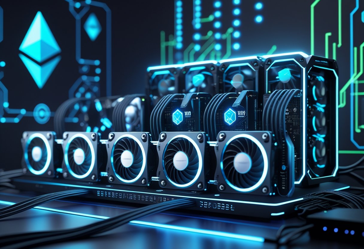 A detailed scene showing multiple high-end graphics cards installed on an advanced mining rig with glowing lights and digital blockchain patterns in the background.