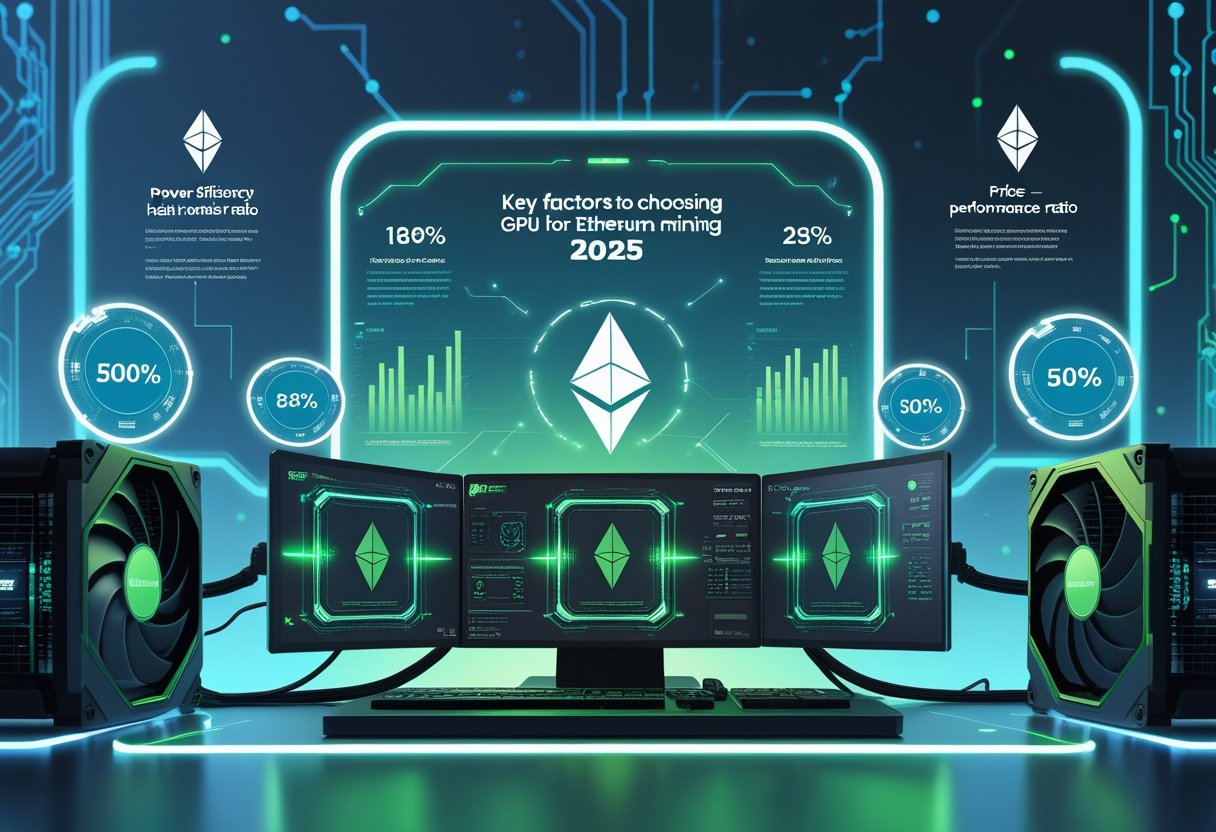 A futuristic workspace showing multiple advanced GPUs connected to mining rigs with holographic panels highlighting key factors like power efficiency, hash rate, and cooling systems for Ethereum mining.