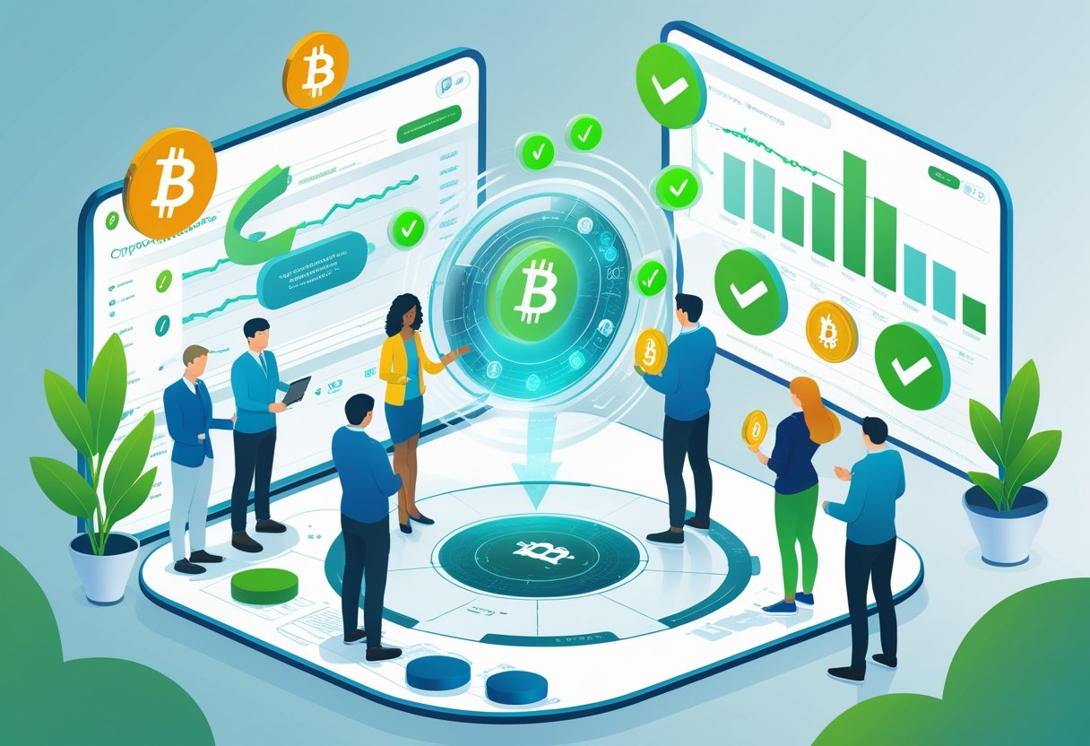 People interacting with digital interfaces showing cryptocurrency icons and a holographic display illustrating fee-free crypto transactions.