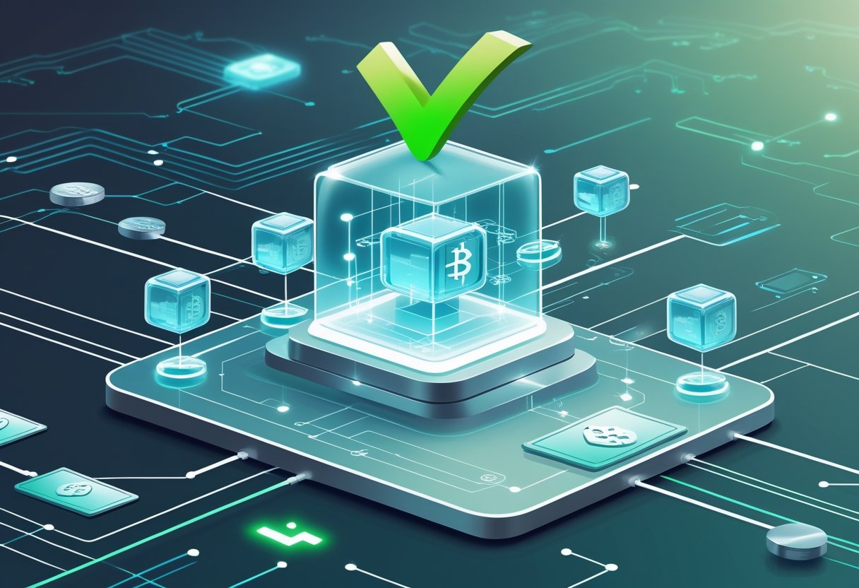 A digital scene showing interconnected blockchain nodes with one highlighted as the best choice, surrounded by cryptocurrency icons and digital wallets.