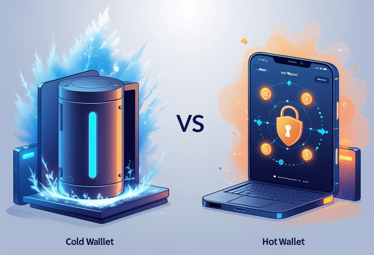 A side-by-side illustration showing a cold wallet as a secure hardware device inside a locked safe with icy tones, and a hot wallet as a smartphone connected to a network with warm colors, representing offline and online cryptocurrency wallets.
