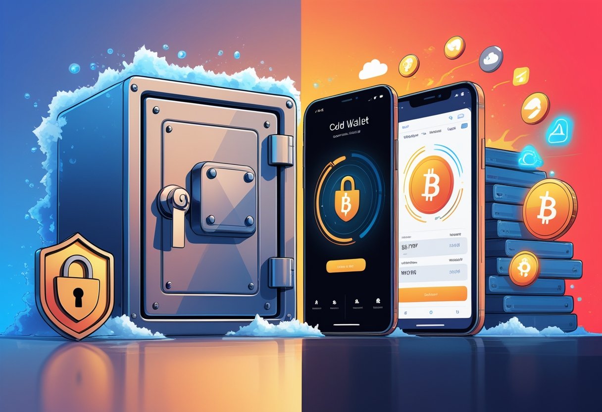 An illustration showing a cold wallet as a hardware device inside a locked safe with icy blue tones, contrasted with a hot wallet displayed on a smartphone surrounded by warm orange and red colors and digital icons representing connectivity and security risks.