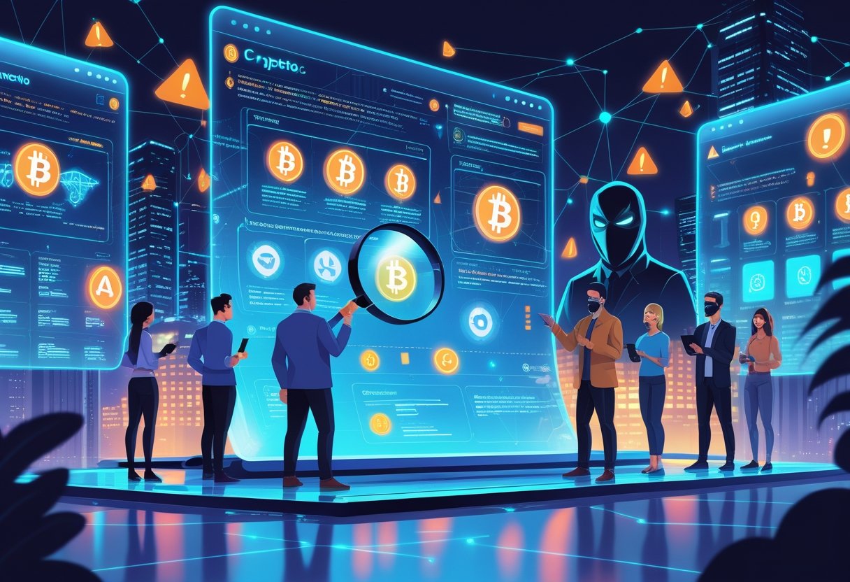 People examining digital screens showing cryptocurrency symbols and warning signs while a masked figure lurks nearby, representing the detection of crypto scams.