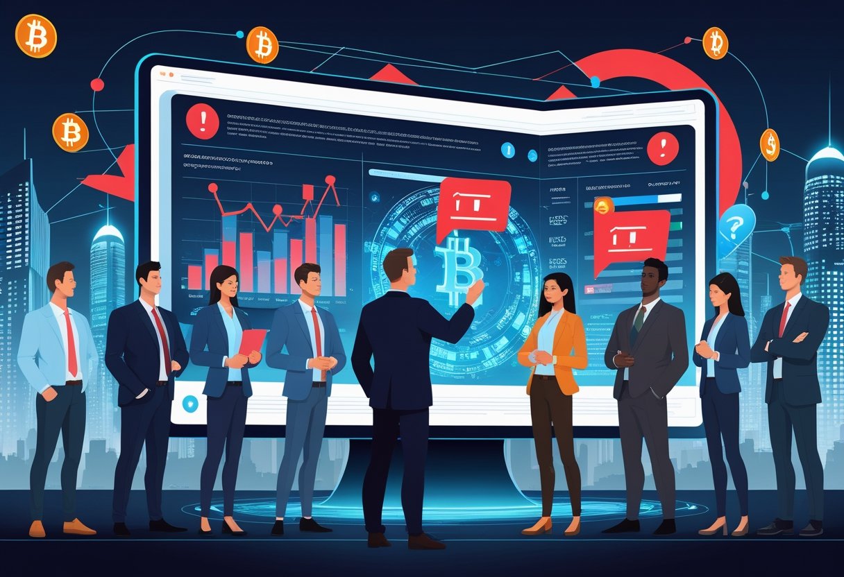 A group of professionals examining digital screens showing blockchain data and warning signs about potential cryptocurrency scams.
