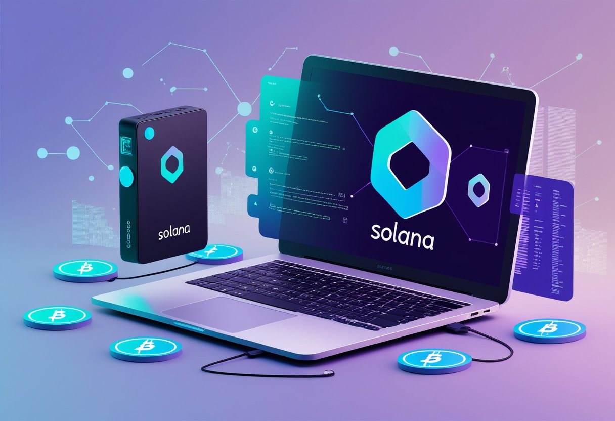 A Ledger hardware wallet connected to a laptop displaying the Solana logo, surrounded by floating Solana tokens and abstract blockchain graphics.