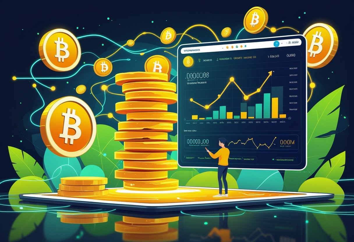 A user interacting with a digital interface showing cryptocurrency tokens and graphs, surrounded by stylized pancakes and blockchain elements representing yield farming on PancakeSwap.