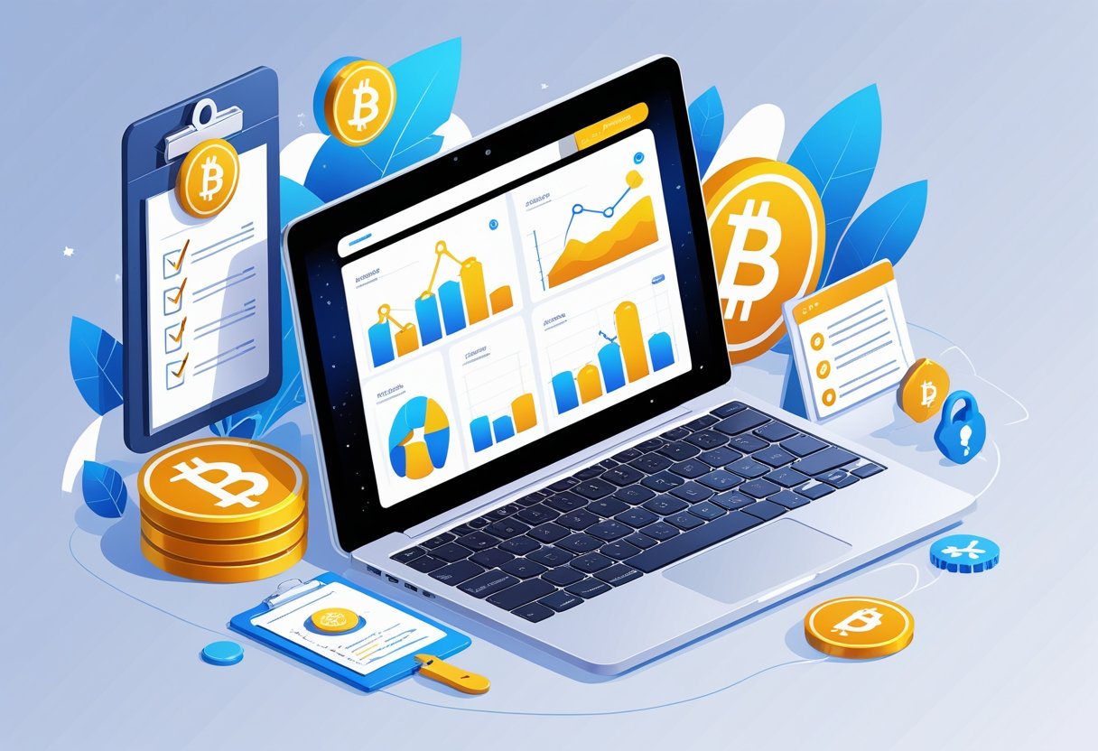 A laptop displaying a decentralized finance dashboard with cryptocurrency icons, surrounded by symbols of setup like a checklist, gear, and wallet.