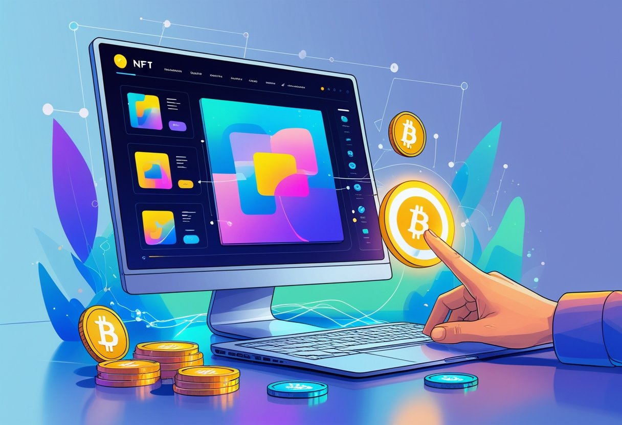 A digital workspace showing a computer with colorful digital art and symbols representing blockchain and minting NFTs.