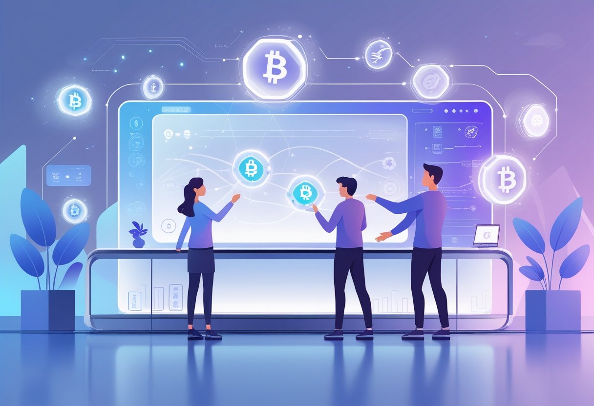 A futuristic workspace with people interacting with a digital touchscreen displaying floating digital tokens and blockchain symbols.