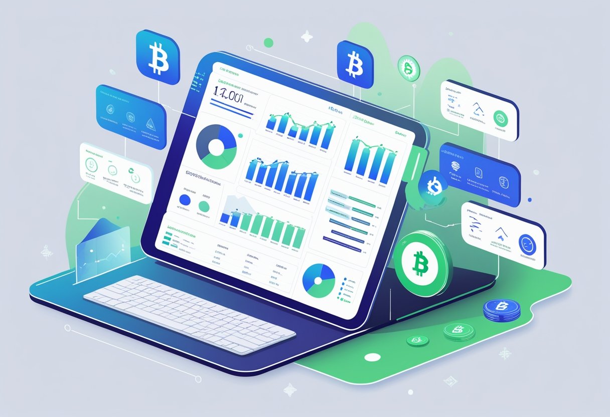 A digital dashboard displaying charts and icons representing features of advanced crypto tax software surrounded by cryptocurrency symbols.