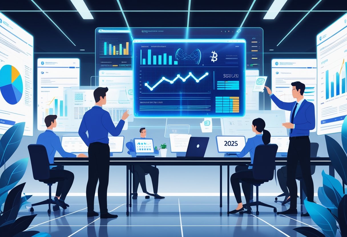 A team of professionals working with futuristic holographic screens displaying cryptocurrency tax data and compliance information in a modern office.