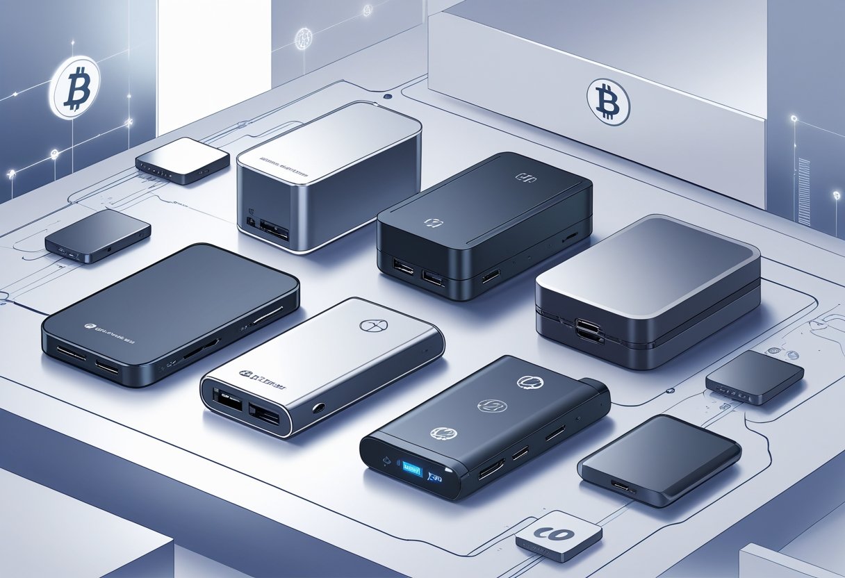 A selection of modern hardware cryptocurrency wallets displayed on a clean surface with digital circuit patterns in the background.