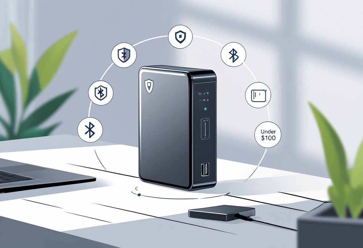 A close-up of a modern hardware cryptocurrency wallet on a desk surrounded by icons representing security, connectivity, ease of use, and affordability.