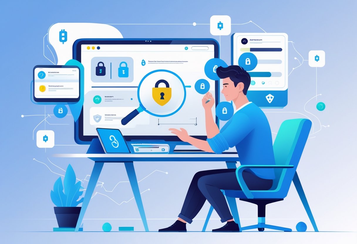 A person at a desk using digital devices to recover a lost crypto wallet password, surrounded by security and blockchain symbols.