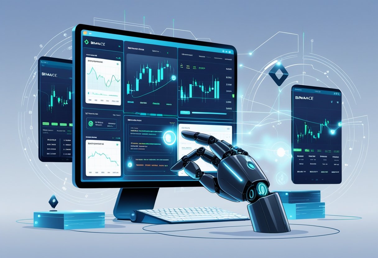 A robotic hand interacting with digital cryptocurrency charts and graphs on multiple transparent screens in a modern workspace.