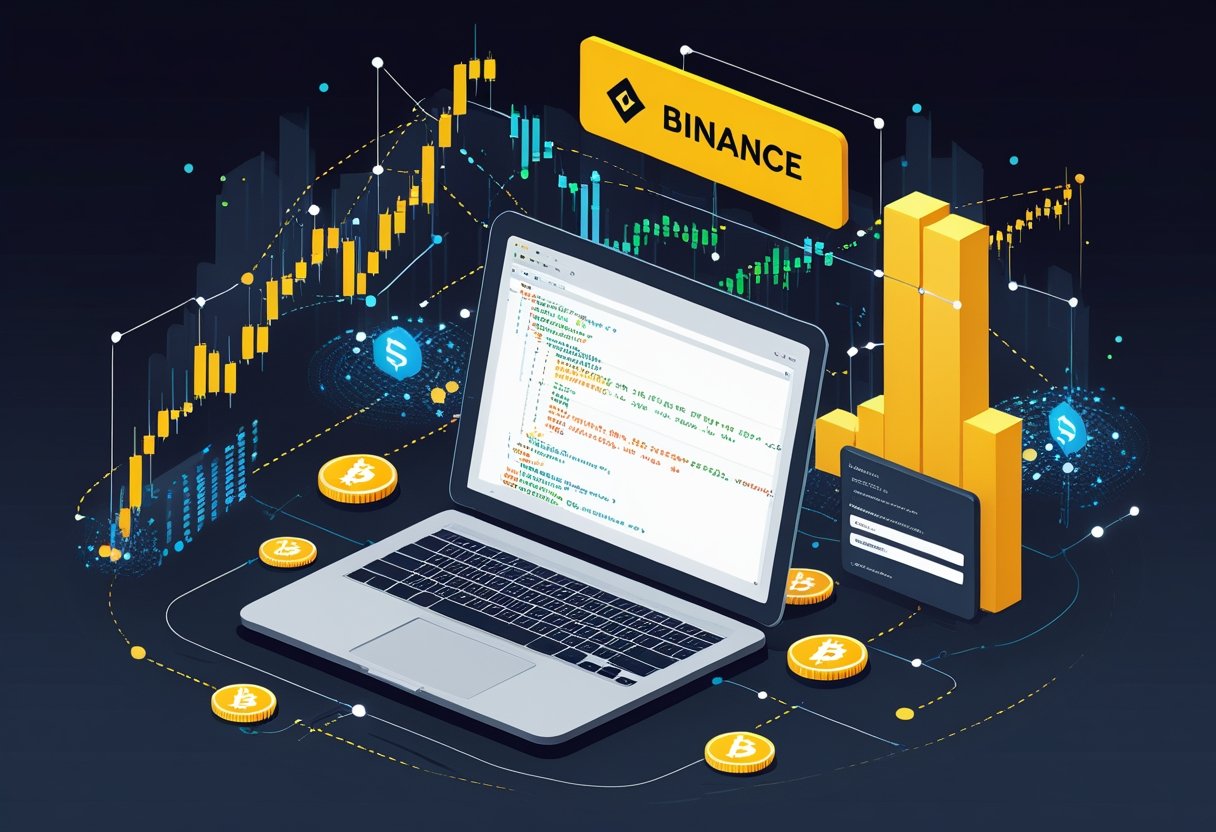 A workspace with a laptop showing code and digital charts representing automated cryptocurrency trading setup.