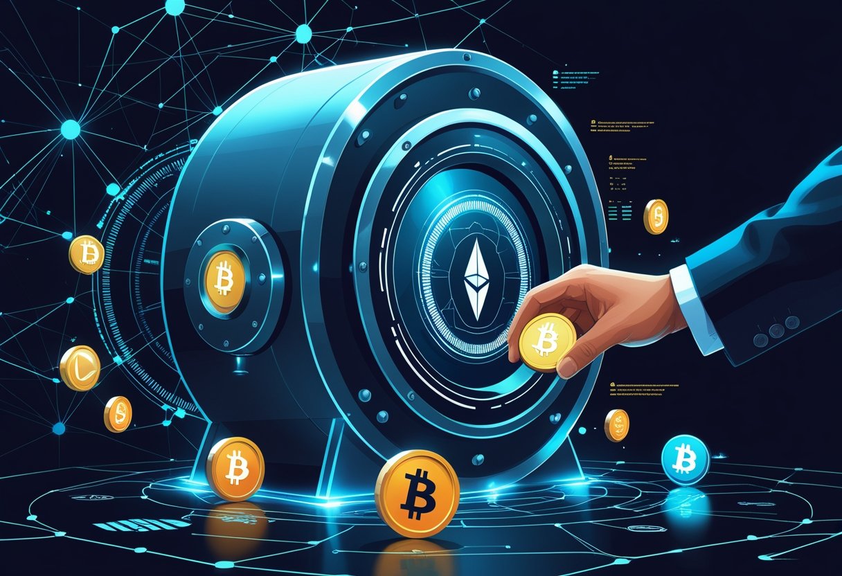 A hand placing a cryptocurrency coin into a digital vault surrounded by warning icons and a blockchain network, symbolizing crypto staking and its risks.