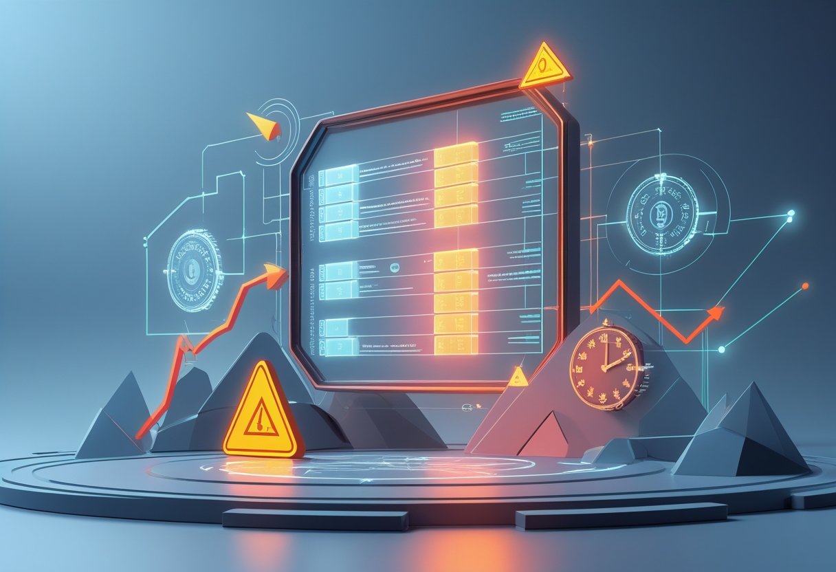 An illustration showing a blockchain ledger surrounded by symbols of risks including a cracked shield, fluctuating graph, fast-moving clock, and warning triangle, representing the core risks of crypto staking.