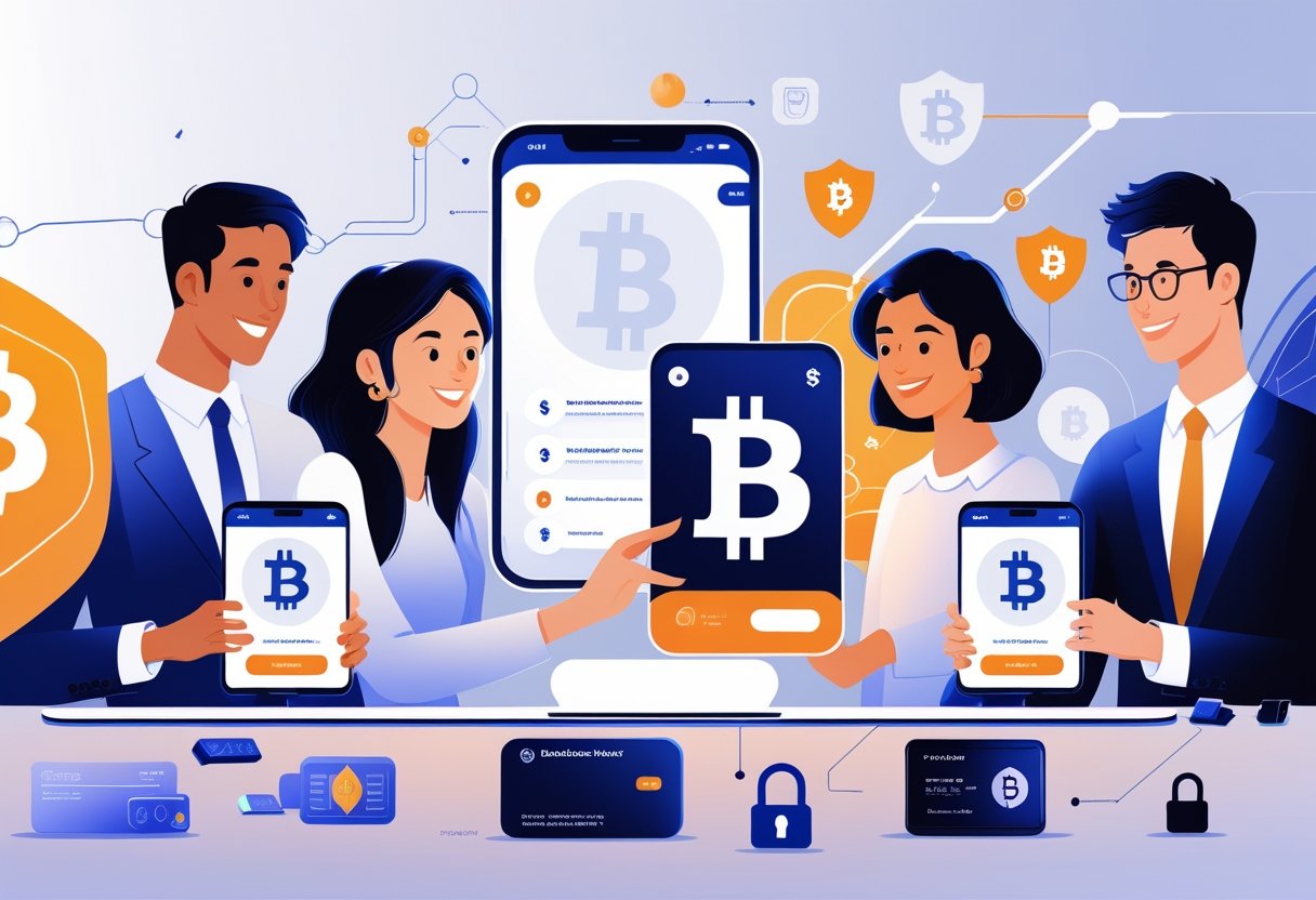 People using digital and hardware Bitcoin wallets on devices with icons representing security and blockchain technology.