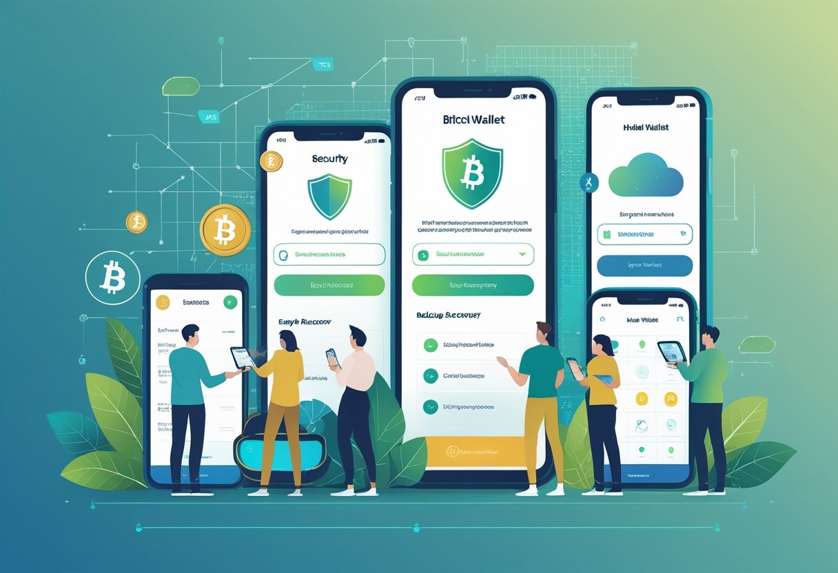 People using different digital devices showing features of beginner Bitcoin wallets with icons representing security, ease of use, backup, and accessibility.