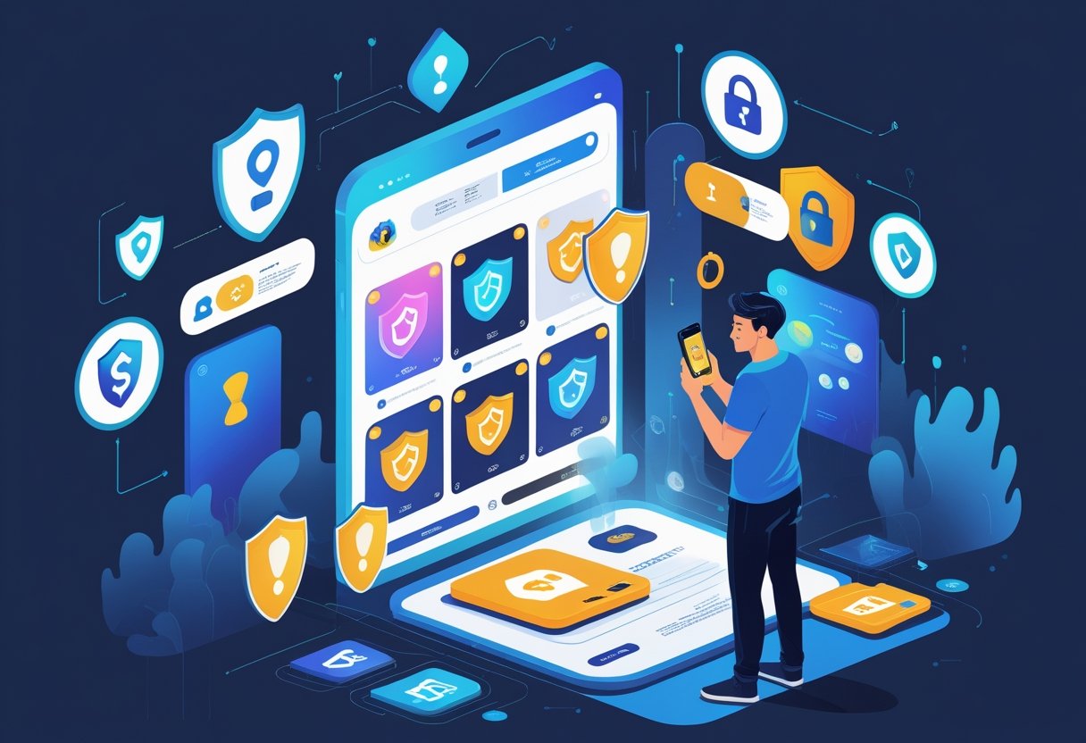 A person carefully checking their digital wallet on a smartphone while shadowy figures try to trick them with fake NFT offers in a digital marketplace.