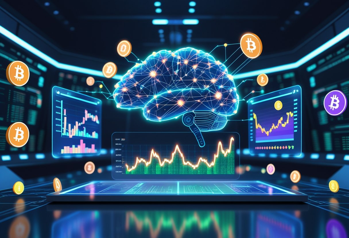 A futuristic AI brain above digital screens showing cryptocurrency price charts and floating crypto icons in a high-tech environment.