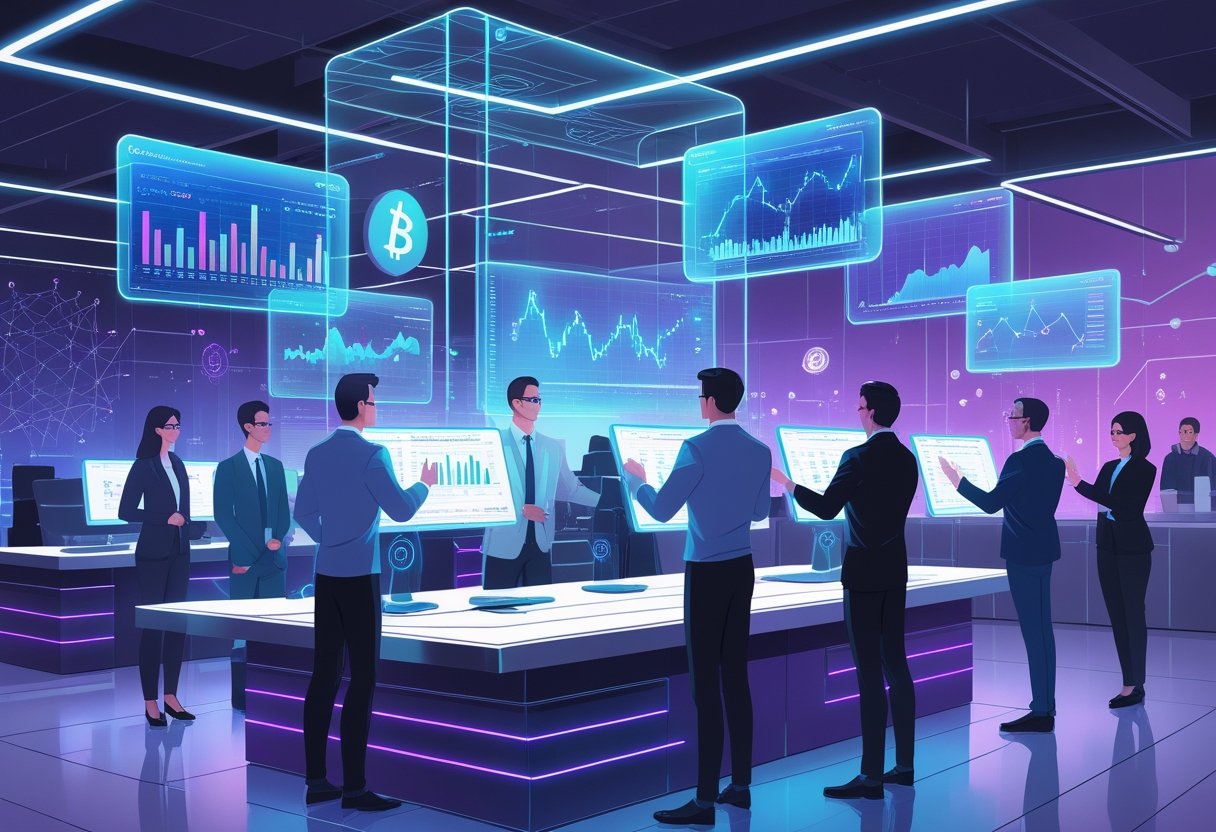 A group of professionals interacting with floating holographic screens showing cryptocurrency price charts and data in a modern office setting.