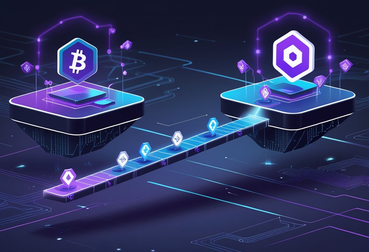 A digital scene showing two floating platforms representing different blockchain networks connected by a glowing bridge with coins moving across it, symbolizing crypto bridging to Polygon.
