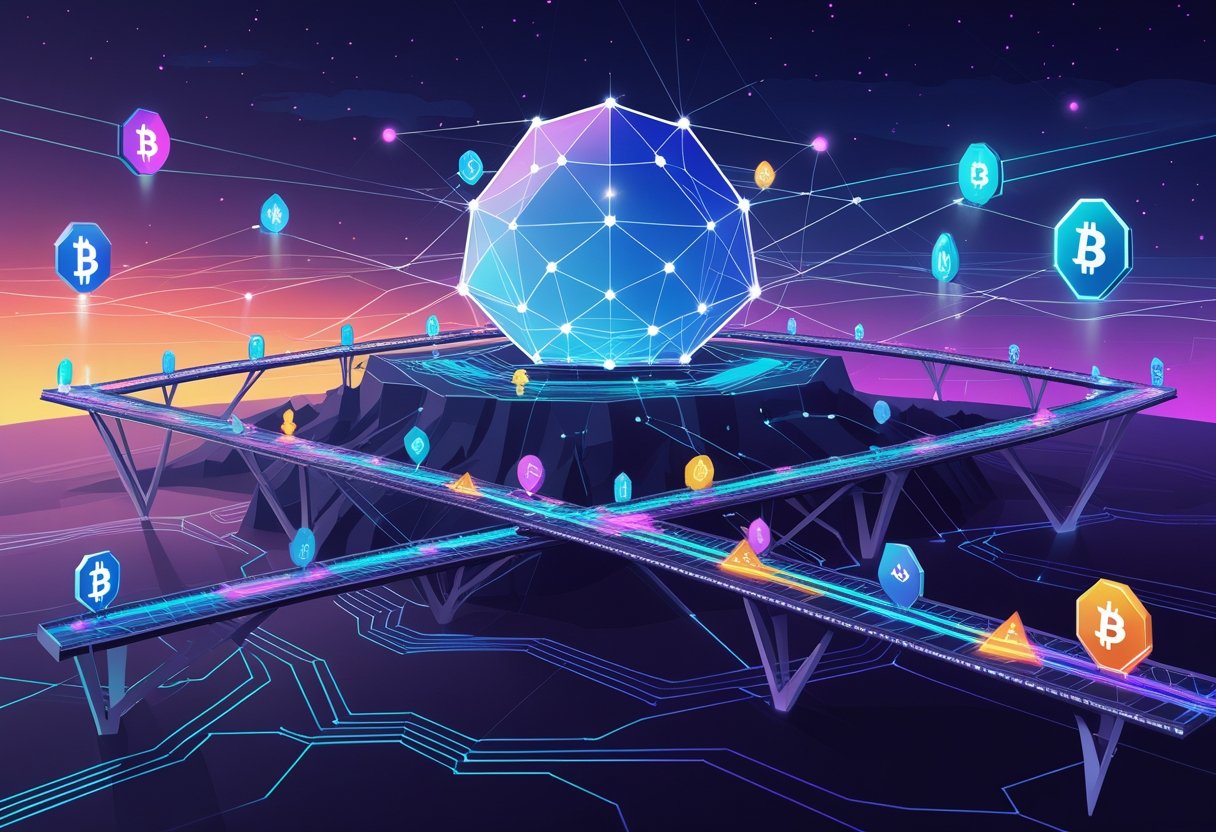 An illustration showing multiple polygon-shaped bridges connecting different blockchain platforms to a central Polygon network hub with flowing data streams.