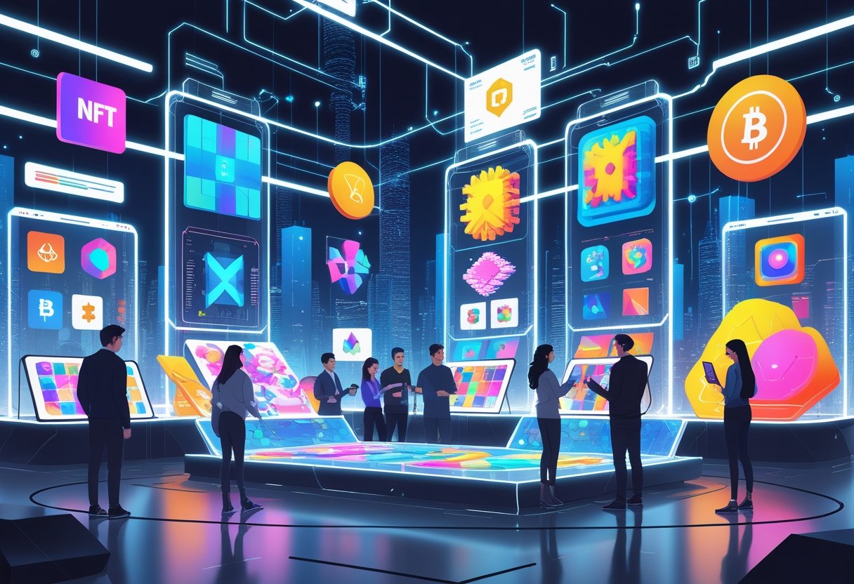 A futuristic digital marketplace with people viewing diverse colorful digital artworks displayed on transparent and holographic screens.