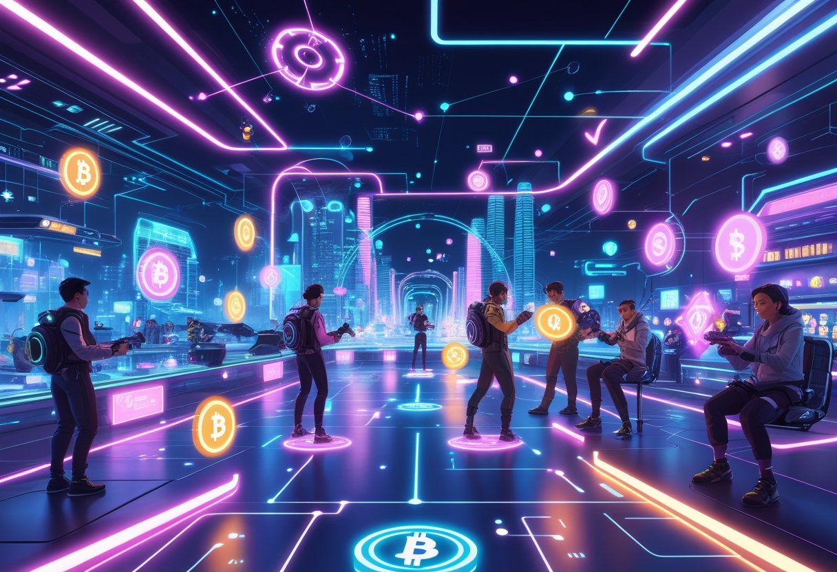 A futuristic digital scene showing players interacting with holographic game characters and earning glowing digital tokens in a virtual environment filled with blockchain symbols and high-tech cityscapes.