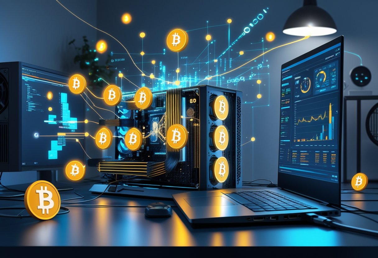 A home office with a computer rig mining Bitcoin, showing graphics cards, digital Bitcoin symbols, and data streams representing the mining process.