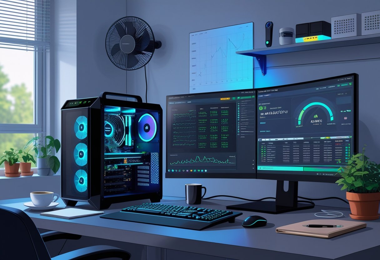 A home office setup with a computer equipped with multiple graphics cards for Bitcoin mining, showing a digital dashboard and ventilation in a well-organized room.