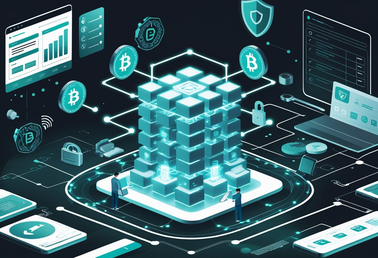 A digital scene showing interconnected blocks representing blockchain, digital coins, a person setting up a wallet on a device, and security icons like shields and locks.