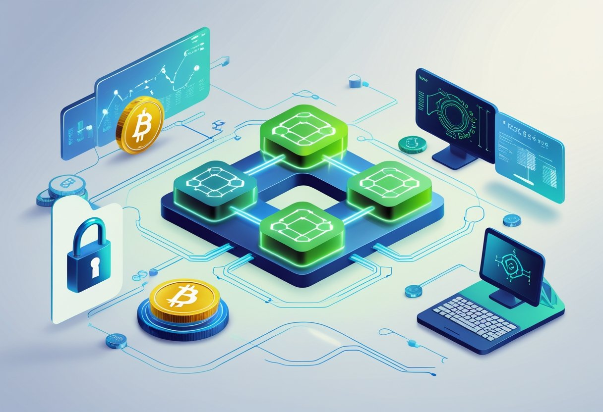 A digital illustration showing interconnected blocks representing a blockchain, surrounded by digital coins, a lock symbol, a smartphone, and futuristic data streams.