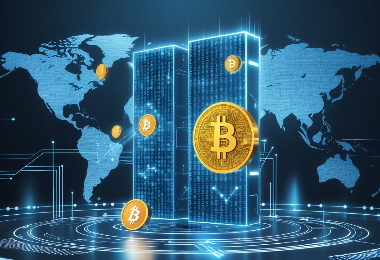 A digital network of interconnected blocks and glowing coins representing early cryptocurrencies, with a world map and data lines in the background.