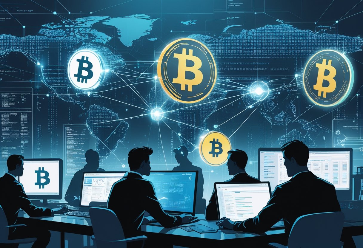 Illustration showing early cryptocurrency symbols, blockchain networks, vintage computers, and people collaborating with digital screens.